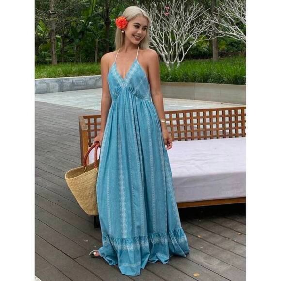 New Floral Print Spaghetti Strap Backless Ruffled Dress For Women, Summer Resor - Picture 1 of 7